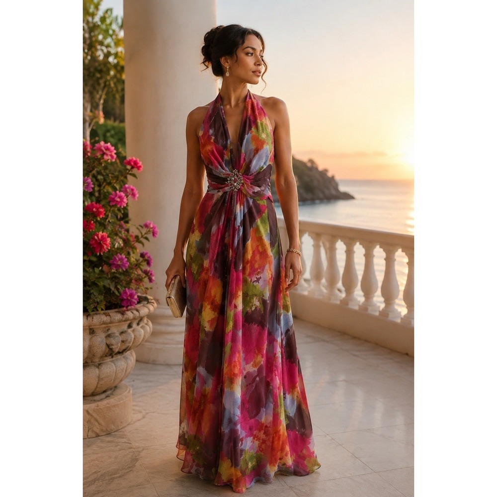 Donna Ricco Floral Chiffon Maxi Dress Jeweled Halter Formal Evening Size 12